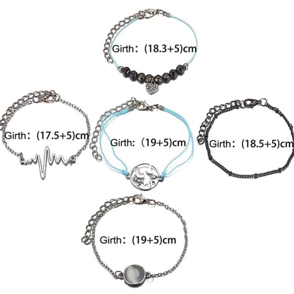 Boho Silver Heart Chain Beaded Charm Bracelet Set - Picture 2 of 2